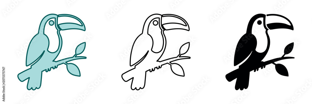 Fototapeta premium Stylized toucan perched on a branch with leaves, presented in three distinct graphic styles