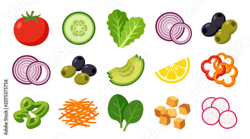Fresh Salad Ingredients and Vegetable Icons Collection.