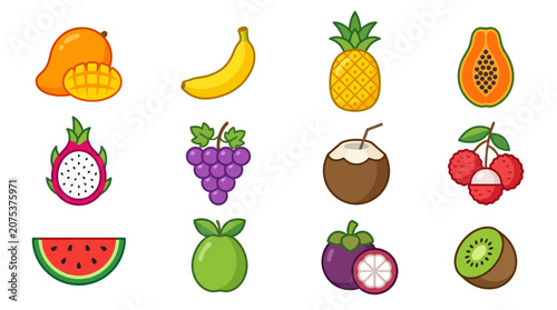 Set of colorful hand drawn tropical fruits and berries icons.
