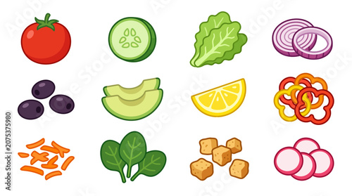 Set of colorful hand drawn salad ingredients and fresh vegetable icons.