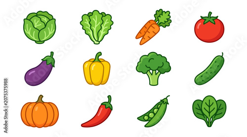 Set of colorful hand drawn vegetable icons.