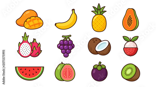 Set of Colorful Hand Drawn Tropical Fruit Icons.