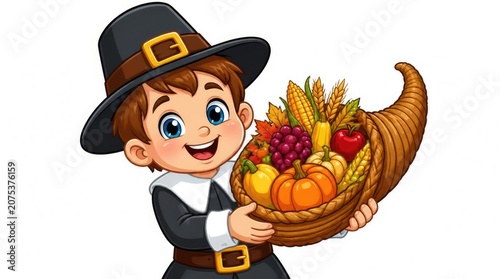 Pilgrim boy carrying horn of plenty cornucopia.