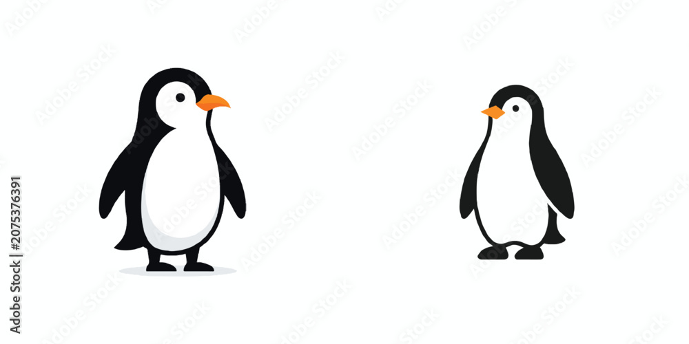 Fototapeta premium A small penguin standing proudly, simple minimalist flat design, sleek tuxedo shape, no outline, black, white, and a touch of orange for the beak, solid white background, vector illustration style. 