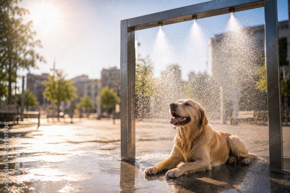 Naklejka premium Golden Retriever cooling under a public misting station on a hot summer day. Pet heat relief, outdoor cooling, extreme heat, heat wave safety and animal welfare concept