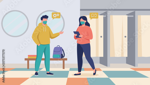 People wearing face masks talking in a changing room environment while using digital tablets for communication and workspace organisation tools.