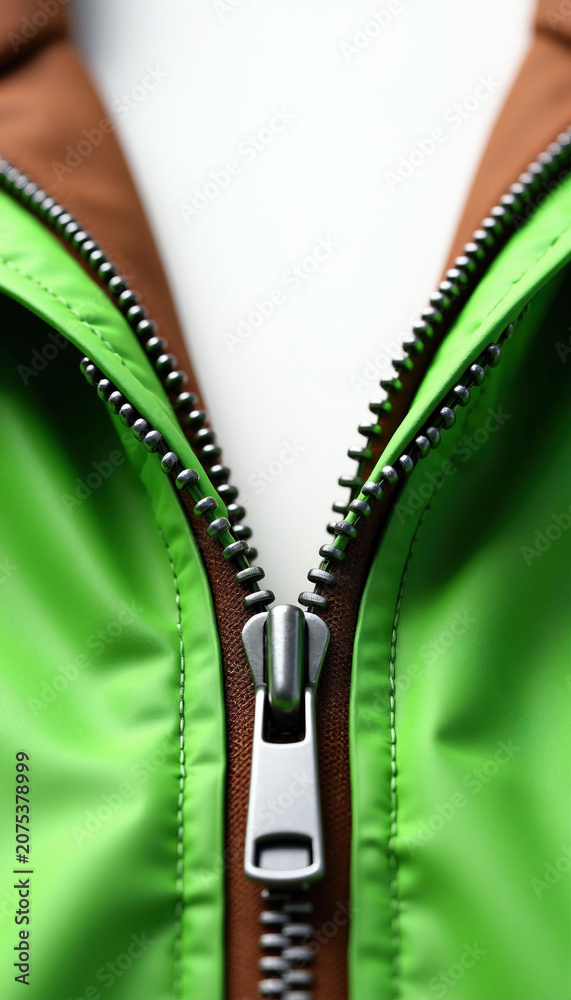 Naklejka premium Closeup of bright green jacket zipper partly open. Smooth shiny fabric contrasts with brown lining and metal fastener. Detailed view of clothing component, fashion element.