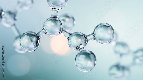 Transparent molecular structure connecting clear glossy spheres, symbolizing science, biotechnology, and healthcare innovation on a light background