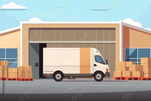 Delivery van at warehouse loading dock with stacked cardboard boxes on pallets, flat illustration under blue sky