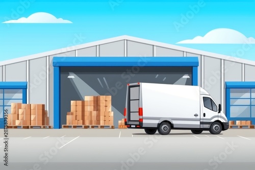 Cartoon warehouse loading area with a white delivery van parked by open doors and stacks of cardboard boxes outside under a blue sky