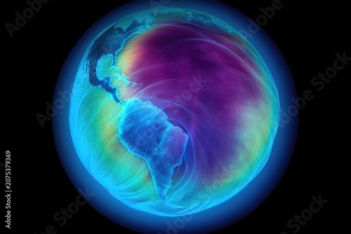 Colorful satellite-style view of Earth with swirling purple and blue atmosphere layers around the globe on a black background