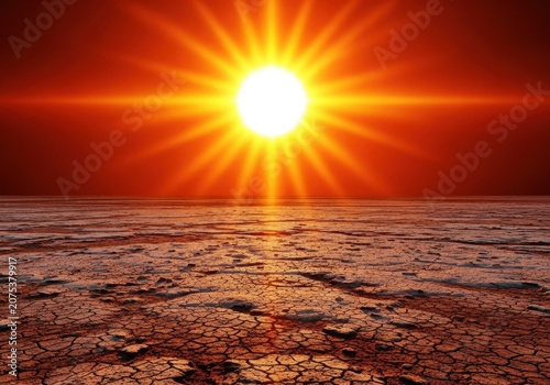 Intense, bright orange and yellow sun shining down fiercely on a dry, arid landscape, representing dangerous summer heat and drought, extreme, baked, furnace