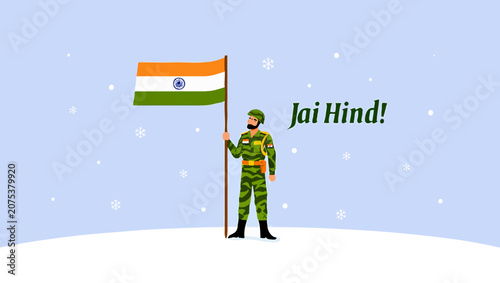 Soldier holding the indian flag with jai hind message on a snowy background