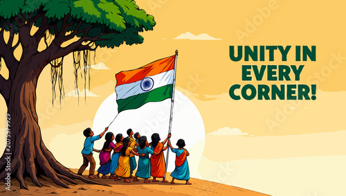 Group people holding the indian flag, symbolizing unity in every corner