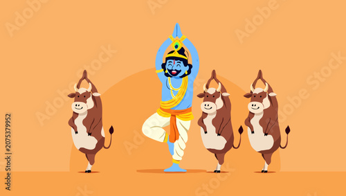 Lord krishna doing yoga with cows, a spiritual and cultural illustration