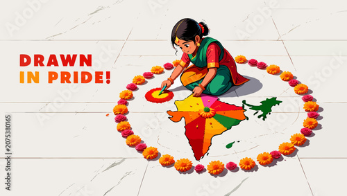A woman is drawing rangoli, a traditional indian form, with pride