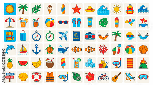 Foto Mega collection set of colorful summer vacation and travel icons featuring beach
