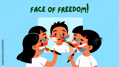 Children painting their faces with indian flag for independence day celebration