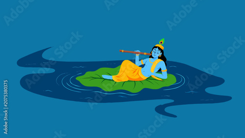 Hindu god krishna playing flute while relaxing on a lotus leaf in a lake