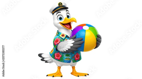 Seagull character wearing floral shirt with beach ball