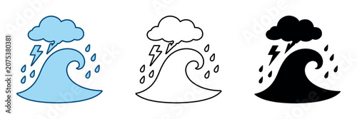 Obraz na plátně Stormy weather with crashing waves, lightning, and heavy rain depicted in three