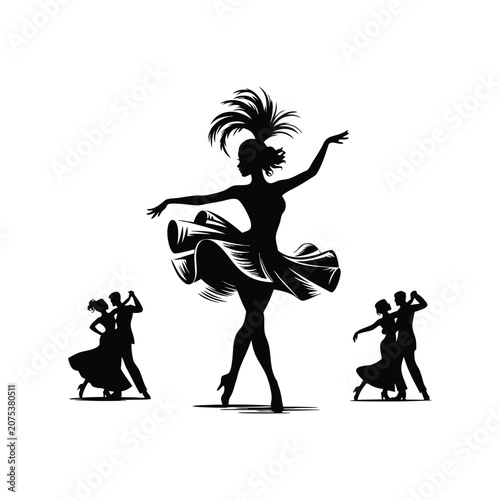 Black silhouette of a samba dancer with feathered headdress and couples dancing waltz
