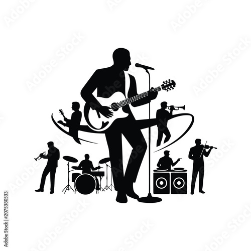 Music band silhouette performing live concert with various instruments