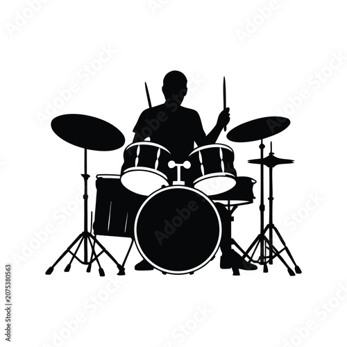Silhouette of a drummer playing a drum kit isolated on a white background