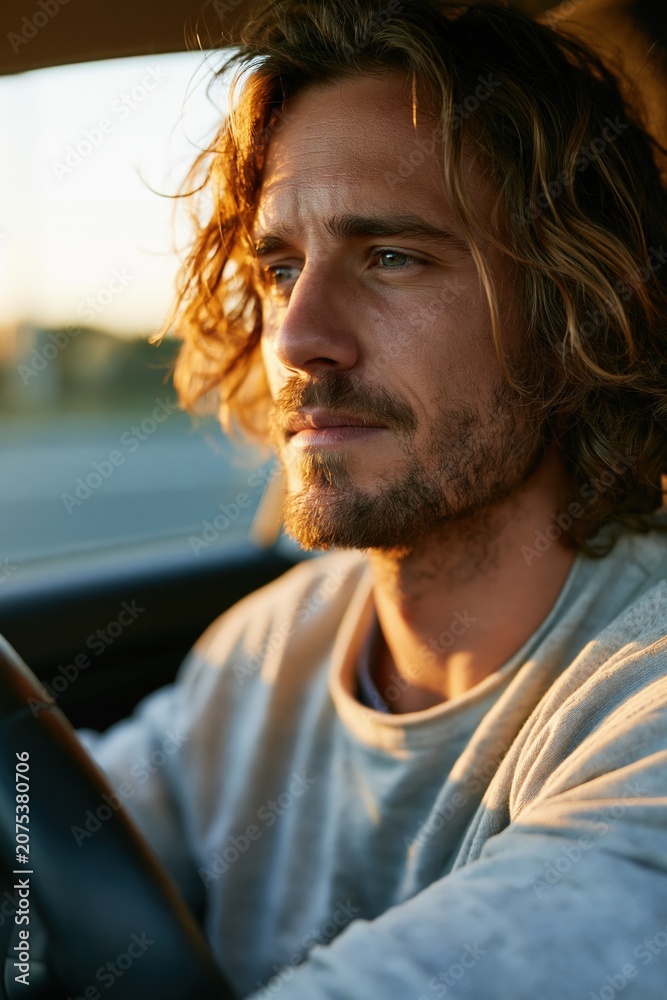 Fototapeta premium Young man driving car in bright interior with relaxed posture