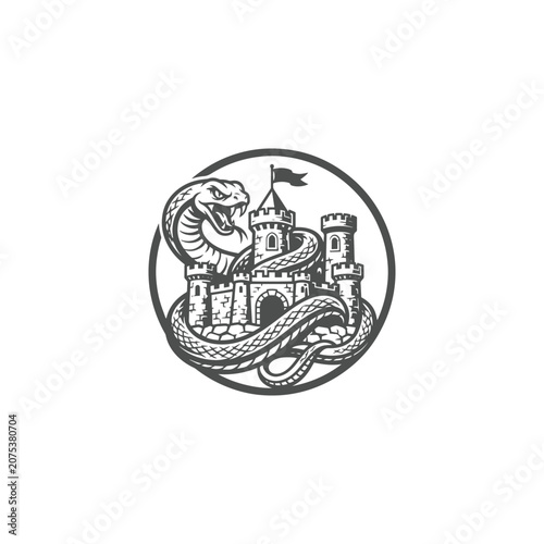 Snake Wrapped Around Medieval Castle Vintage Engraving Monochrome Logo Vector Illustration