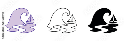 Quadro su tela Sailboat navigating a large wave and choppy water in a stylized graphic