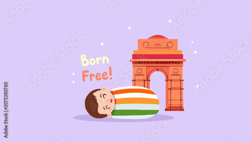 Baby sleeping wrapped in indian flag near india gate, born free concept