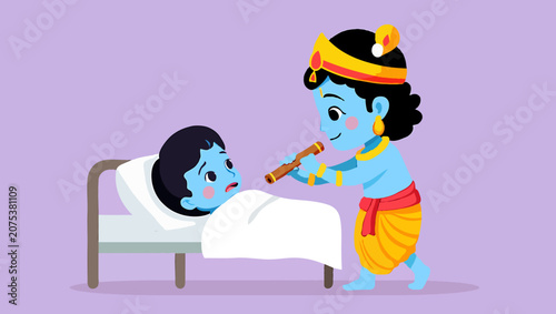Lord krishna playing flute for sick boy in bed to make him feel better