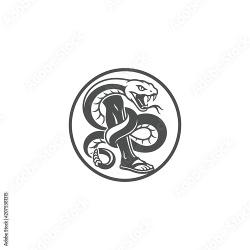 Snake Wrapped Around Human Leg Monochrome Vintage Vector Logo Illustration