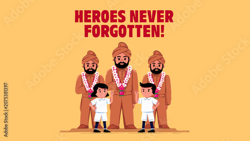 Shaheedi diwas illustration with sikh gurus and children remembering heroes