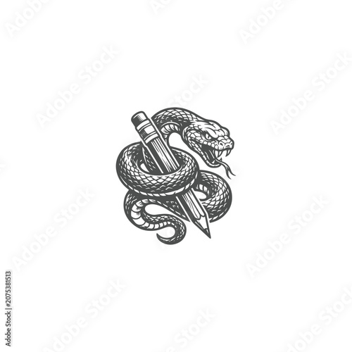 Venomous Snake Wrapped Around Pencil Monochrome Vintage Vector Logo Illustration
