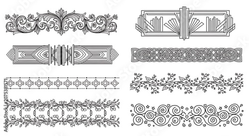 Decorative Black Line Art Borders Arranged on White Background
