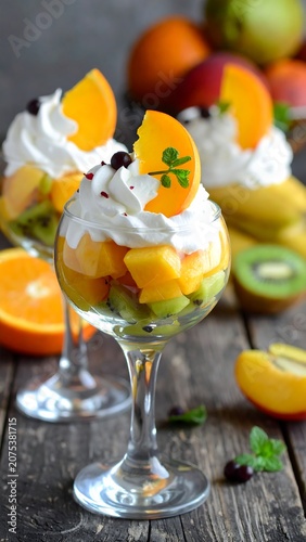 A close-up of two glasses filled with whipped cream, kiwi, and sliced peaches