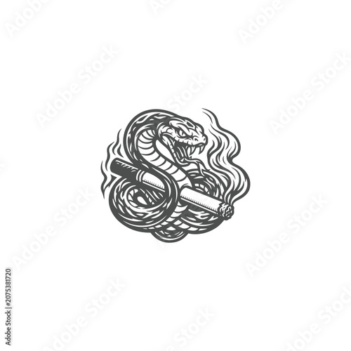 Vintage Snake Coiled Around Smoking Cigarette Monochrome Vector Logo Illustration