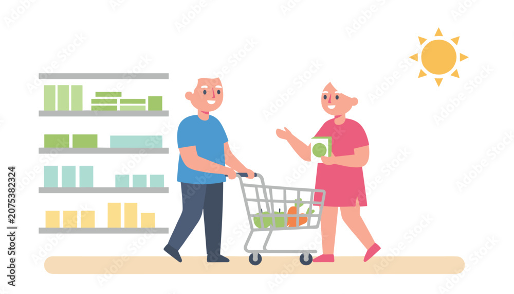 Fototapeta premium Elderly couple shopping for healthy groceries together in a supermarket, choosing organic food items with a shopping cart, flat illustration.