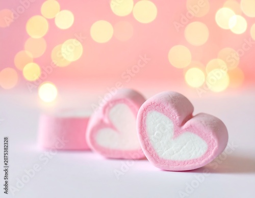 A close-up of two heart-shaped pink marshmallows with a blurred background of warm lights