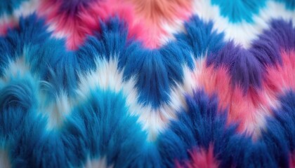 Closeup of vibrant tie dye fur textile with abstract colorful swirls in blue pink and purple. Fuzzy material texture offers bright handmade craft design for fashion and decor.