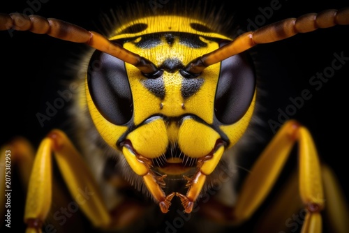 Macro close-up of a yellow and black wasp face with antennae, large eyes, and detailed texture