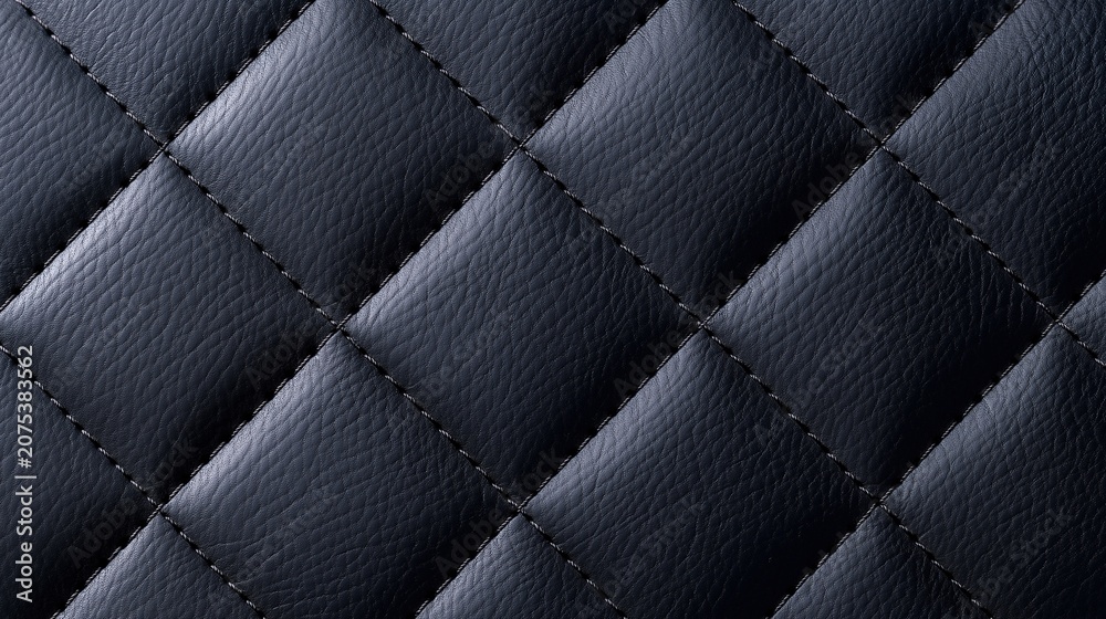 Fototapeta premium Dark black quilted leather with diagonal stitched diamond pattern creates textured luxury upholstery background for fashion and furniture design