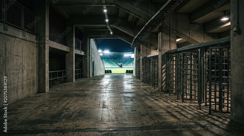 Naklejka premium Concrete stadium concourse with turnstiles and football pitch entrance