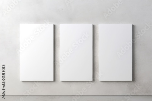 Three blank white canvas panels on a light gray wall in a minimalist setting