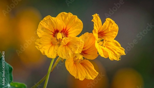 A close-up of two vibrant orange flowers with red centers