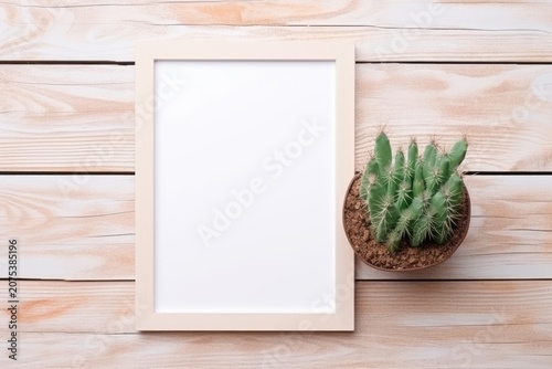 Blank white frame on wooden board beside small cactus in pot, top view with copy space