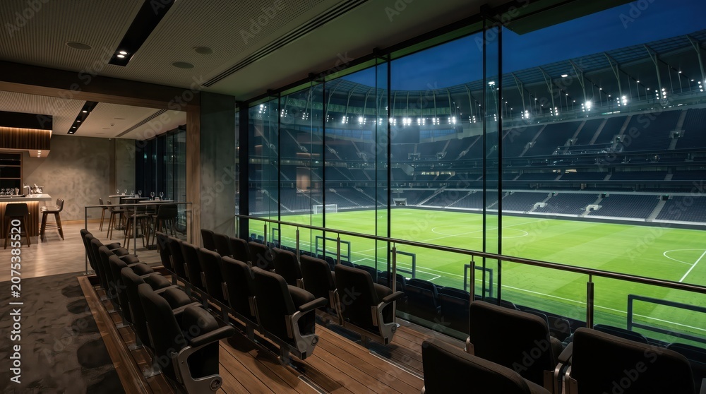 Obraz premium Night football pitch viewed from empty stadium hospitality lounge