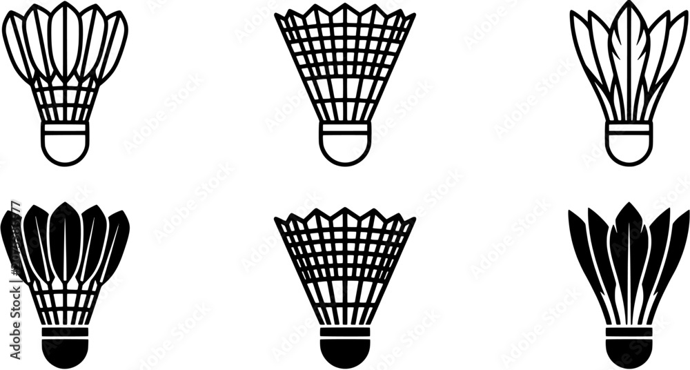 Fototapeta premium Badminton shuttlecock icon set. Collection of feather and nylon birdie designs in silhouette and outline styles. Editable vector illustration isolated on white background.